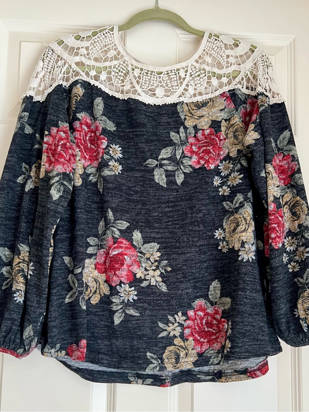 Angela plus Women’s Floral Lace Yoke Top - Black with Red & Tan Roses